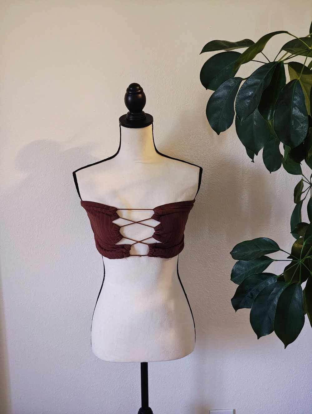 Strappy Lace-Up Bandeau Crop Top - Brown Xs